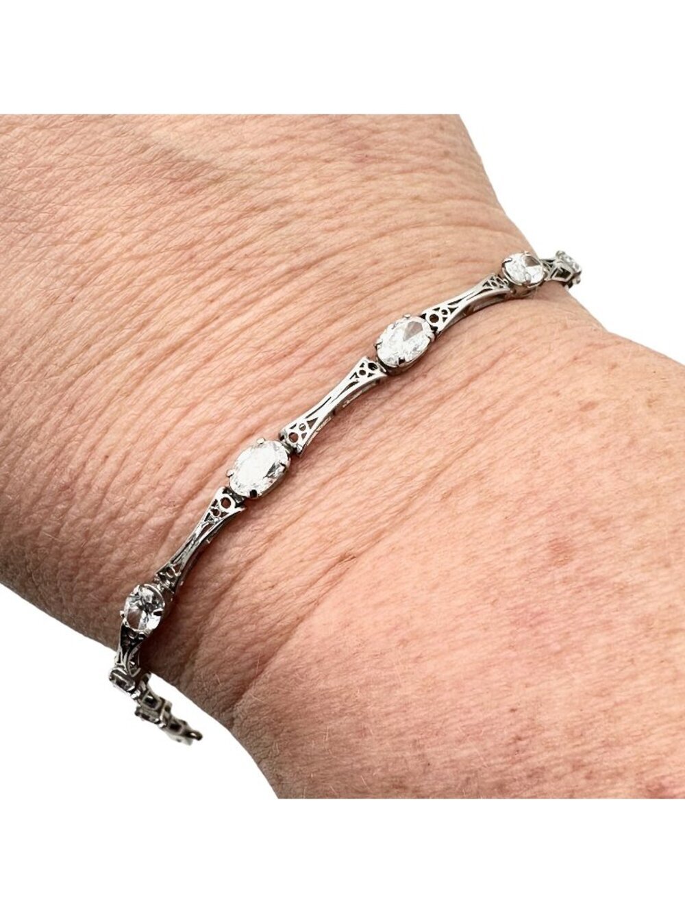 Estate Womens Bracelet 14K White Gold CZ Bracelet Vintage Filigree Style 7"